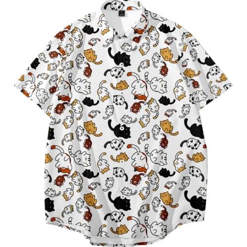 Summer Men Loose Hawaii Shirts Short Sleeve Cat Printed Turn-down Collar Printed Shirt Tops Clothes Shirt Male Plus Size 6XL