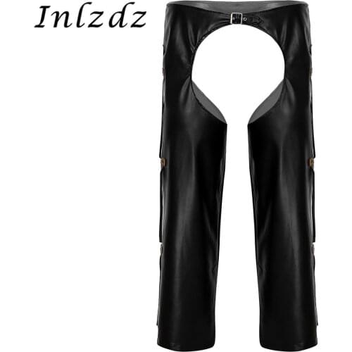 Mens Erotic Lingerie Crotchless Pants Wild West Cowboy Leather Chaps with Fringed Details Buckled Loose Open Crotch Long Pants