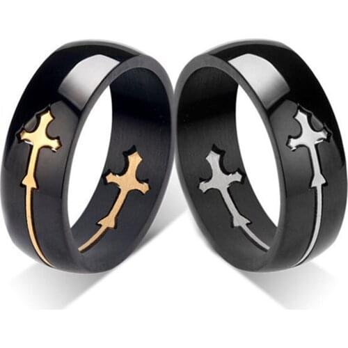 2021 Trend Fashion Simple 8mm Stainless Steel Black Jesus Cross Prayer Mens Ring Amulet Jewelry Party Gift