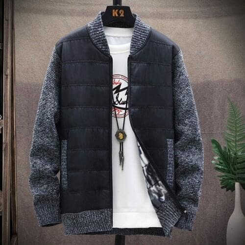 2021 Men 'S Cloth Plus Velvet Thickening Stand Collar Sweater Fashion Slim Patchwork Cardigan Sweater