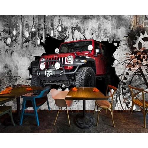 Custom wallpaper retro 3D brick wall car broke the wall out tooling TV background wall restaurant cafe mural papel de pared обои
