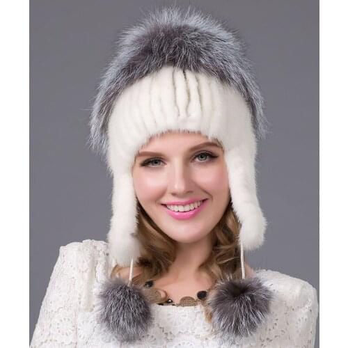 Mink Fur Hat Russian Winter Womens Hat Genuine Suede Fur Hat Silver Fox Fur 2021 Womens Fashion High-End Female Cap DHY-22