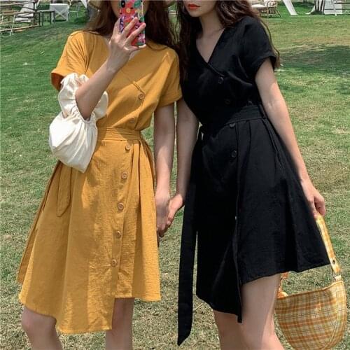 Sweet Sister Dress Women Summer V-Neck Sundress Sashes Vestidos Mori Student French Female Retro Niche A-Line Dresses Button