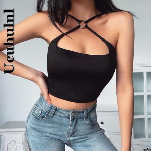 Ucuhulnl Sexy Bandage Camis Women Bodycon Hollow Out Sleeveless Crop Tank Tops Streetwear Gothic Punk Patchwork Female Camisoles
