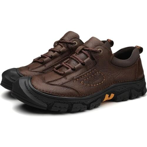 Mens Genuine Leather Casual Shoes Outdoor Comfotable Breathable Non-Slip Platform Wear Resistant Work Safety Hiking Sneakers