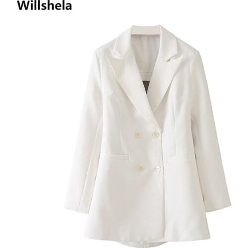 2021 Women Fashion Back Hollow Out Double Breasted Solid Blazer Notched Neck Long Sleeve Vintage Female Coats Chic Tops