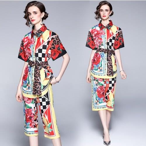 Fashion Batwing Sleeve Red Flower Print Loose Long Shirt Top + Cropped Wide-Leg Calf Length Midi Pants Two Pieces Set 6639