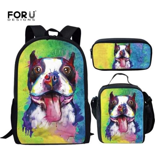 FORUDESIGNS 3PCS School Bags for Girls Boys Children Schoolbag Rainbow Boston Terrier School Backpack Kids Bag Satchel mochila