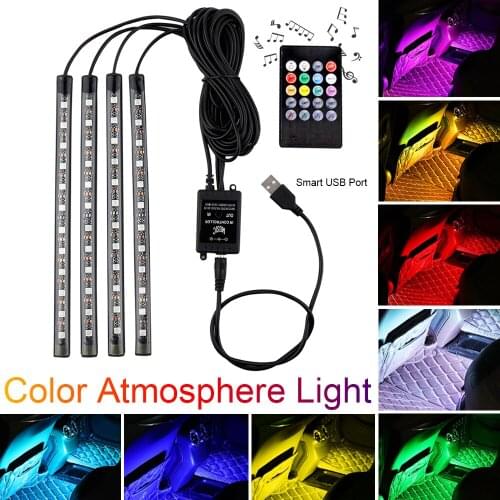 4pcs 48 LED DC 5V Multicolor Music Car Interior Light LED Under Dash Lighting Kit Sound Activ Wireless Remote Control Smart USB