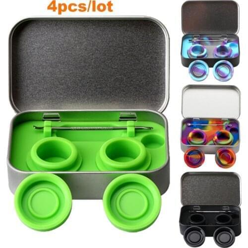 4pcs Portable Silicone Wax Oil Tin Set With Picker Tool Mini Round Container Stainless Steel Jars Dab Travel Kit Cigarette Box