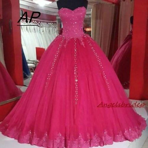 ANGELSBRIDEP Pink Ball Gown Wedding Dress Myriam Fares 2021 Luxury Crystal Tulle Full-Length Vestido De Noiva Formal Bride Gown