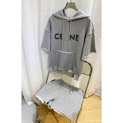 2 Luxury Brand Cotton Piece Set Women Sport 2021 Spring Summer Hooded Top Elastic Waist Shorts High-end Design Casual Loose Sets