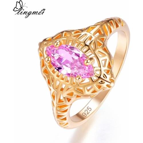 Lingmei New Marquise Cut Red & Pink Cubic Zirconia Yellow GoldRing Size 6-9 Attractive Popular Women Jewelry