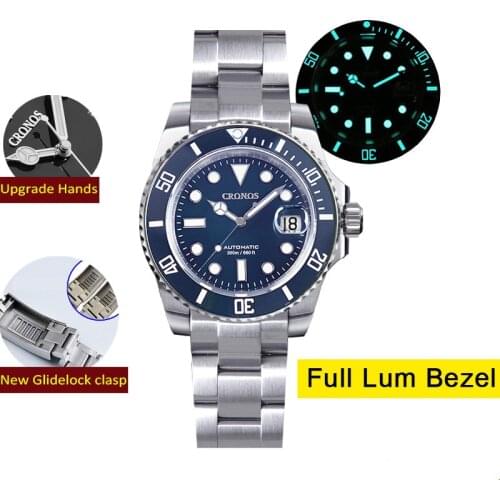 CRONOS SW200 Automatic Mens Watch Stainless Steel Bracelet Ceramic Rotating Bezel 200M Waterproof Luxury Brand