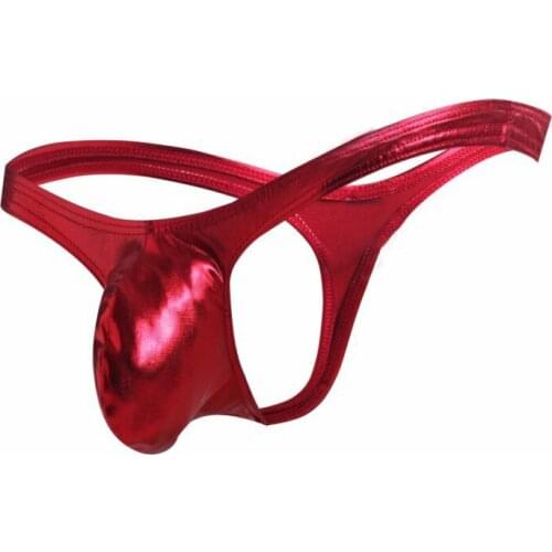 Mens Sexy Underwear Imitation Leather Pouch Panties PU Leather Sexy Thong Stage Show Nightclub Show T Pants
