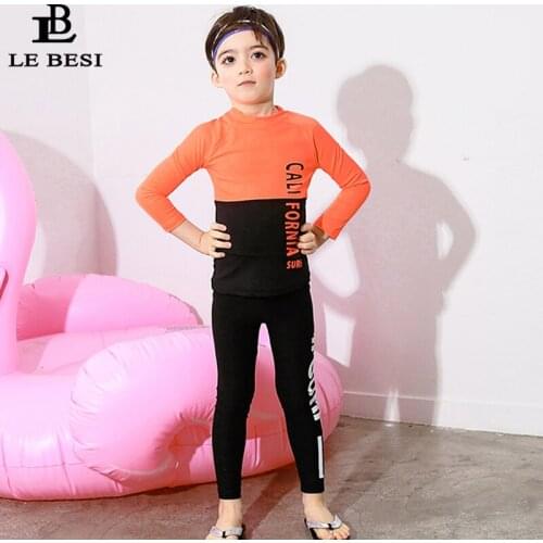 LE BESI 2019 New Boys Swimsuit Long Pants With Sleeve Print Letter M-4XL Two Piece Swimwear Separate Childrens Surf suit