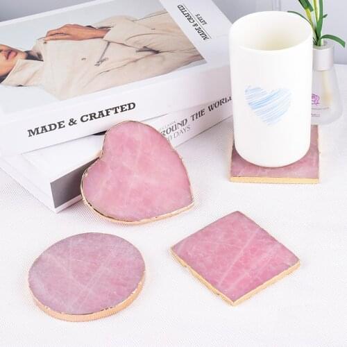 Natural Rose Quartz Pad Electroplated Gold Edge Gems Crafts Slice Coaster Cup Beverage Holder Stone Crystal Mat Decor plates