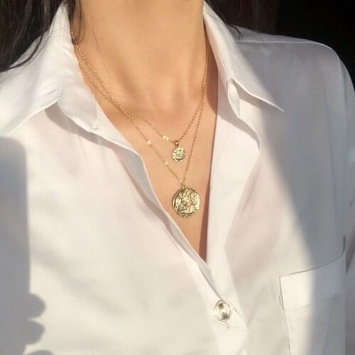 Retro Portrait Round Metal Necklace Fashion Gold Color Coin Double Laryered Chain Long Necklace Pendant For Your Friends Gifts