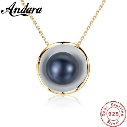 Luxury Brand Gold Color Charm Shell Design White/ Black Pearl Necklace Pendant 925 Sterling Silver Jewelry