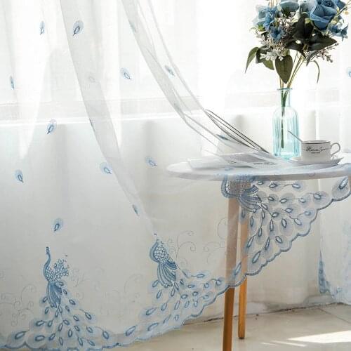 Luxury Blue Embroidered Peacock Design White Tulle Curtains for Living Room Sheer Window Drapes Pink Curtains For Bedroom M081#3