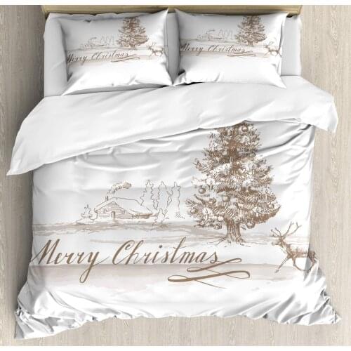 Christmas Duvet Cover Set Romantic Vintage New Year Scenery with Reindeer Tree and Star Design Image Decorative 3 Piece Bedding