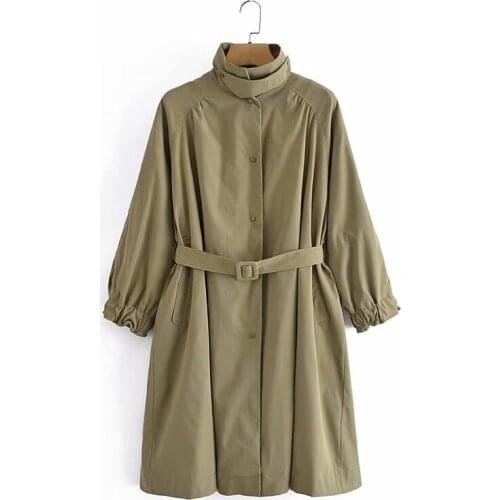 2021 Womens Fashion Commuting Wind Army Green Single Row Buttons Mid-length Sag Belt Decoration Pocket Windbreaker