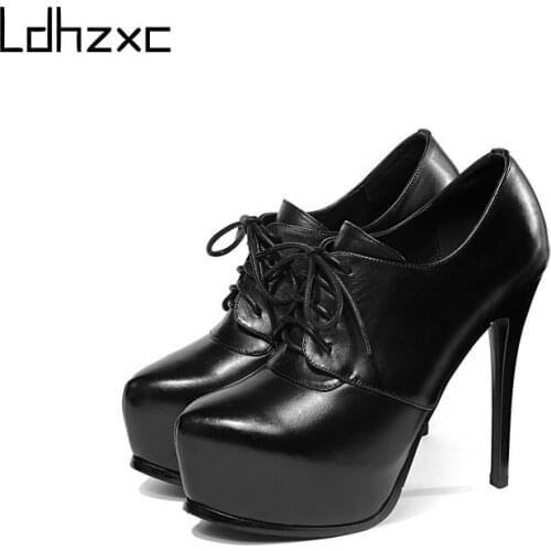 LDHZXC Natural Genuine Leather Women Platform Heels Shoes Fashion High Heel Shoes Party Wedding Shoes High Heels Pumps Femme