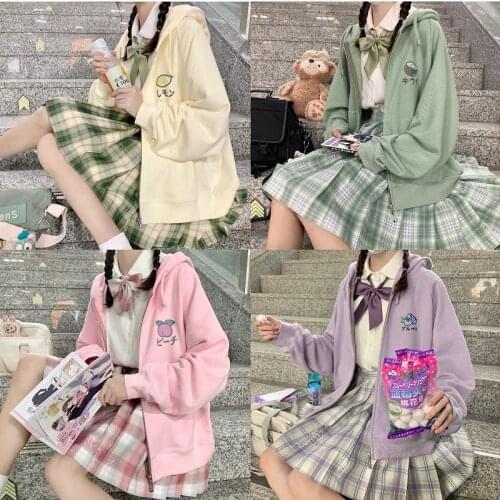 Japanese sweet jk uniform hooded jacket ins Harajuku fruit Korean loose thin top preppy style kawaii womens zipper jacket