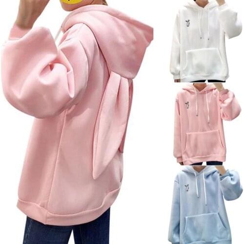 Kayotuas Women T-Shirt Fashion Cartoon Rabbit Ear Girl Long Sleeve Hooded Autumn Winter Cotton Lovely Bunny Loose Streetwear
