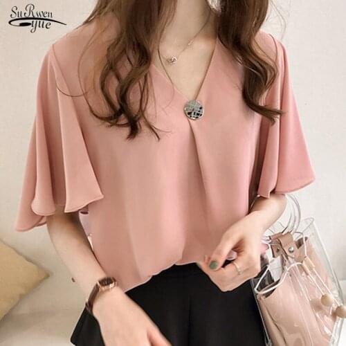 2021 Summer New Korean Loose Plus Size 4XL Ladies' Tops Solid Color Short Sleeve Elegant Ruffle Chiffon Blouse Women 9312 50