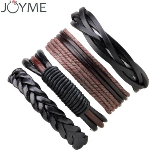 4 pieces / set lot Mens Multi layer Black Brown Leather Weave Bracelet Braided Charm Wave Bracelets & Bangles Knot Pulseras