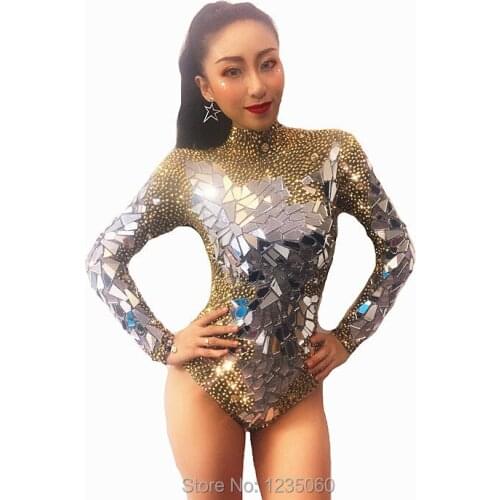 Sparkly Gold Rhinestones Mirrors Shining Bodysuit Womens Birthday Celebrate Outfit DJ Singer Show Dance Stretch Outfit