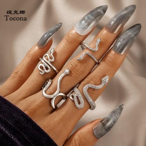 Tocona 4pcs/sets Bohemian Snake Ring Sets for Women Men Charms Silver Color Alloy Metal Opening Ring Jewelry Anillo 18866