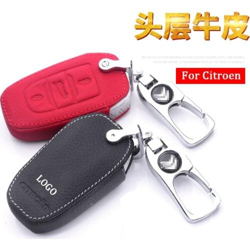 Cowhide Leather Custom Car Key Case for For Citroen C4L C4 Sega C3-XR C5 C6 Auto with metal Key Rings cases 1 sets key covers