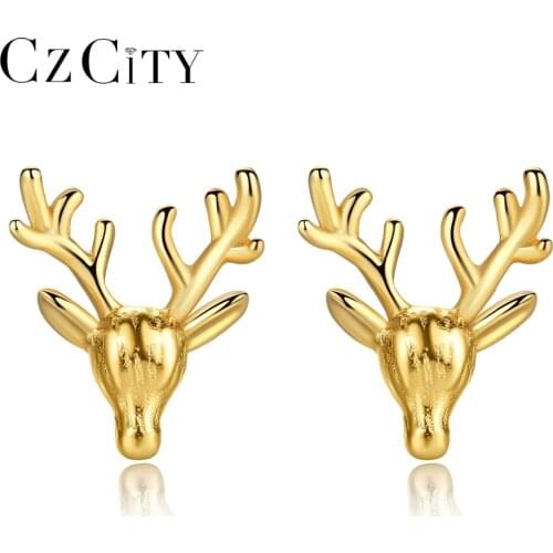 CZCITY 925 Sterling Silver Petite Stud Earrings for Women Combination Finish Vivid Gold Color Deer Shape Pendiente Mujer Oreja