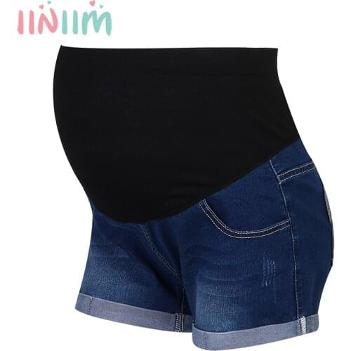 Iiniim Pregnant Women Summer Maternity shorts Fit Belly Low Waist Patchwork Style Denim Shorts Pregnancy jean with Pockets