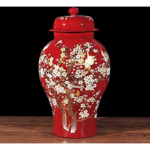 Chinese temple jar bird and flower ceramic jar lid plum blossom painting ginger jar vase to Hotel and home decoration red color