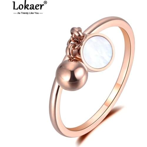 Lokaer OL Design White/Black Shell Ball Stainless Steel Ring Rose Gold Geometric Anniversary Rings For Women Girl Jewelry R19014