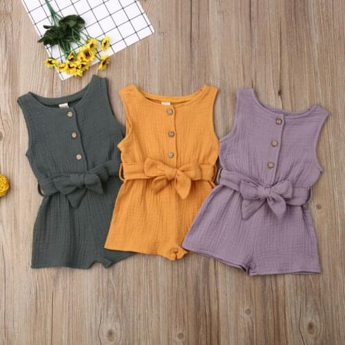 Citgeett Summer Newborn Baby Girl Kids Solid Romper Jumpsuit Playsuit Sleeveless Linen Clothes Belt Cute Outfit