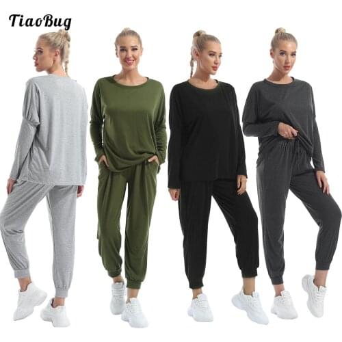Spring Autumn 2Pcs Women Pure Color Casual Sport Suit Round Neck Long Sleeves T-Shirt Pants Leisure Outfit For Running Fitness