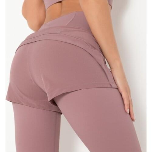 2021 New Fake Two Pieces High Waist Fitness Workout Leggings Yoga Pants Quick-drying Breathable Wear Running Sports Pants