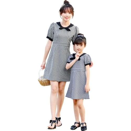 Summer mother daughter dresses family matching clothes women black white plaid dress girls cute princess dress dropshipping