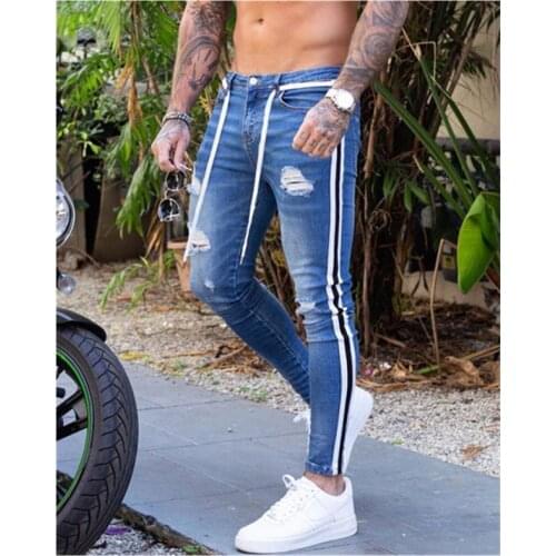 Mens Side Stripe Skinny Black Denim Jeans Hip Hop Streetwear Solid Color Plus Size Slim Fit Lightweight Cotton Jeans for Men S-4