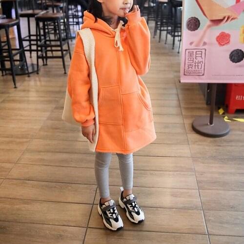 2020 winter childrens new mid-length hooded irregular front pocket solid color fleece sweater jacket20D908