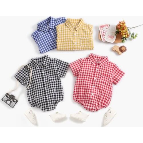 Baby Plaid One-piece Shirt Romper For Boys Bodysuit Newborn Toddler Summer Clothes