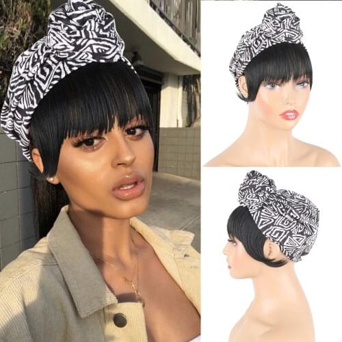 Drawstring Wig with Bangs Short Straight Headband Wigs, Synthetic Hair Bangs Extensions Wrap Wigs Heat Resistant Daily Use