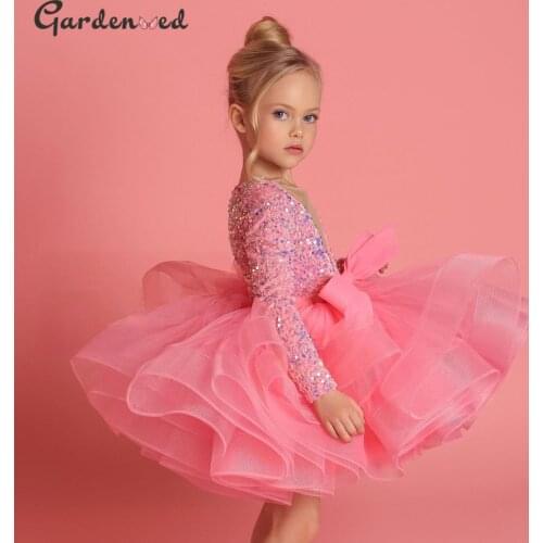 Gardenwed Glitter Illusion V Neck Girl Party Dresses Layers Puffy Girl Princess Dress Shiny Birthday First Communion Dresses