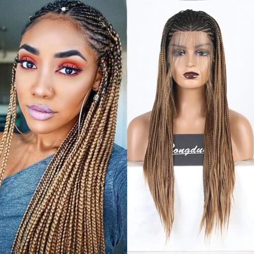 RONGDUOYI Long Ombre Synthetic Lace Front Wigs for Women High Temperature Cosplay Lace Wig Two Tone Braided Box Braids Wigs