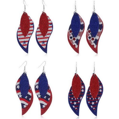 ZWPON 2020 Three Layered Curve Glitter Leather Earrings for Women Fashion American Flag Motif Vegan Leather Leaf Earrings E6896