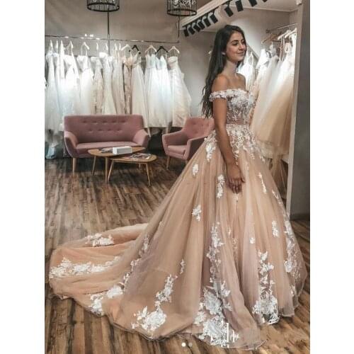 2021 Champagne Wedding Dresses Off Shoulder Court Train Lace Up Back White Appliques Garden Bridal Gowns vestidos de novia Plus